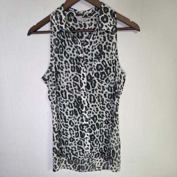 Guess Black And White Leopard Print Semi Sheer Button Down Sleeveless Top Size S - Picture 1 of 7
